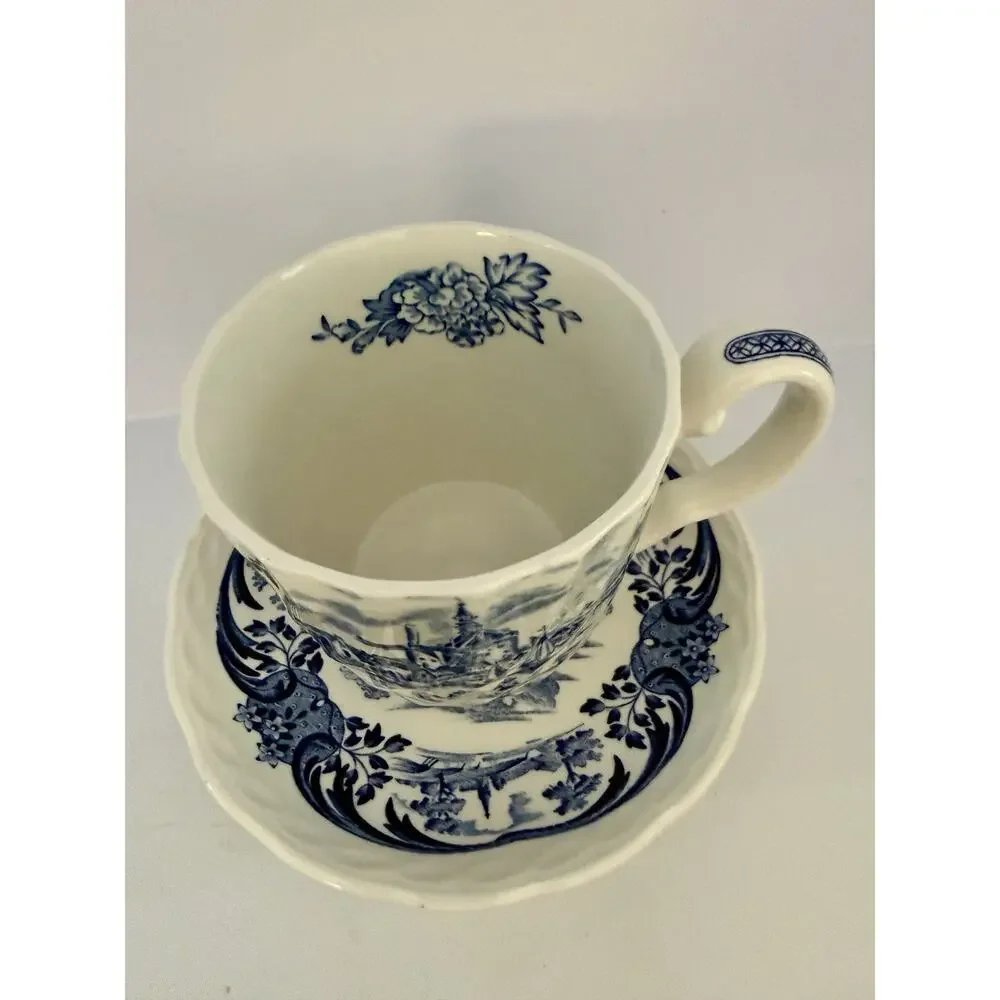 Tulip Time Johnson Bros. Blue on Blue Made In England Teacup & Saucer 3.25”